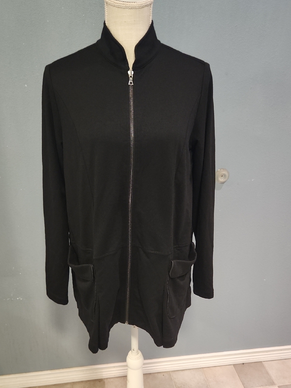 LOGO Lounge Wear Mix Media Satin Zip Up Mock Neck Lagenlook Jacket Minimalist